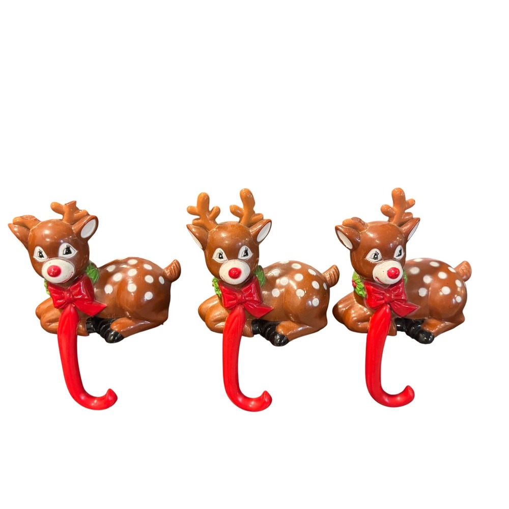 Vintage‎ Plastic Christmas Stocking Holders Shelf Sitters Reindeer